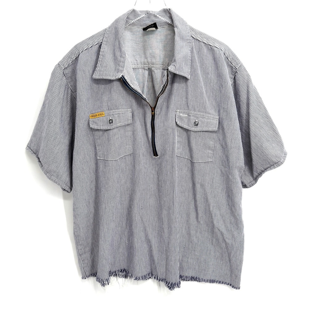 VTG Prison Blues Hickory Stripe Work Shirt Mens 2X Half Zip Raw Hem USA Railroad